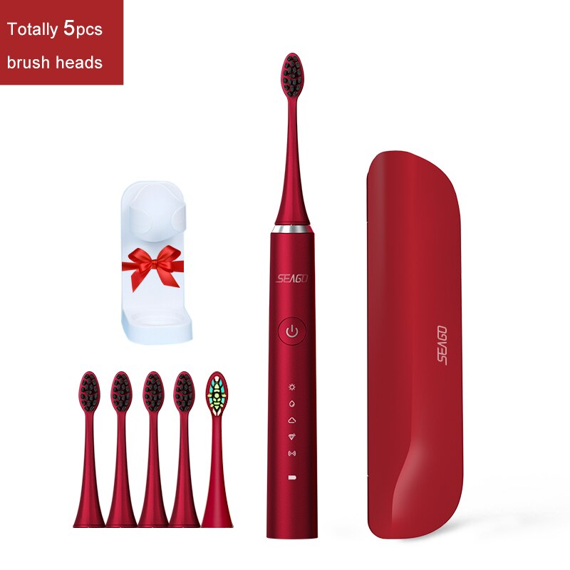 SEAGO – brosse à dents électrique Rechargeable pour adulte, sonique, étanche, 5 têtes, boîte de voyage, recommandé par le dentiste: Red