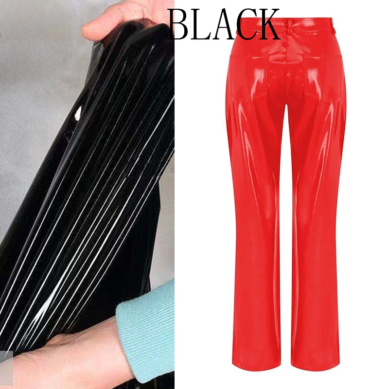 Skinnende røde patentskinn rette bukser dame høy midje pvc slanke bukser dame elegante gule pu bukser lomme tilpasset klubbklær: Xl / Svart