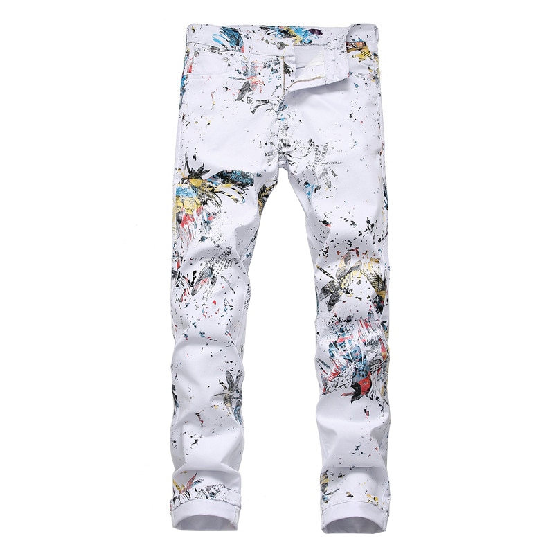 Sokotoo mænds guldsmedeprintede hvide jeans slim fit farvede malede strækblyantbukser