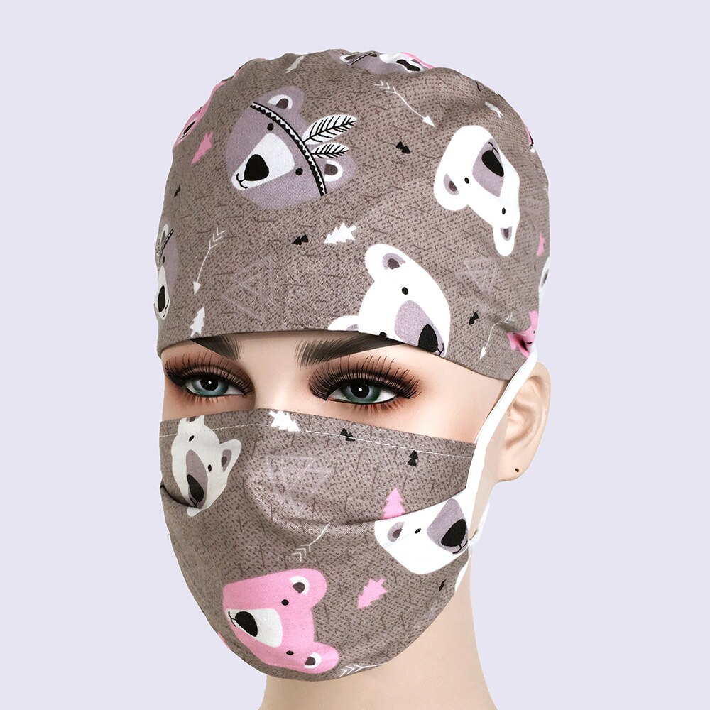 breathable cartoon printing nursing scrub unisex dental care uniform workwear shirt cotton workwear top + hat