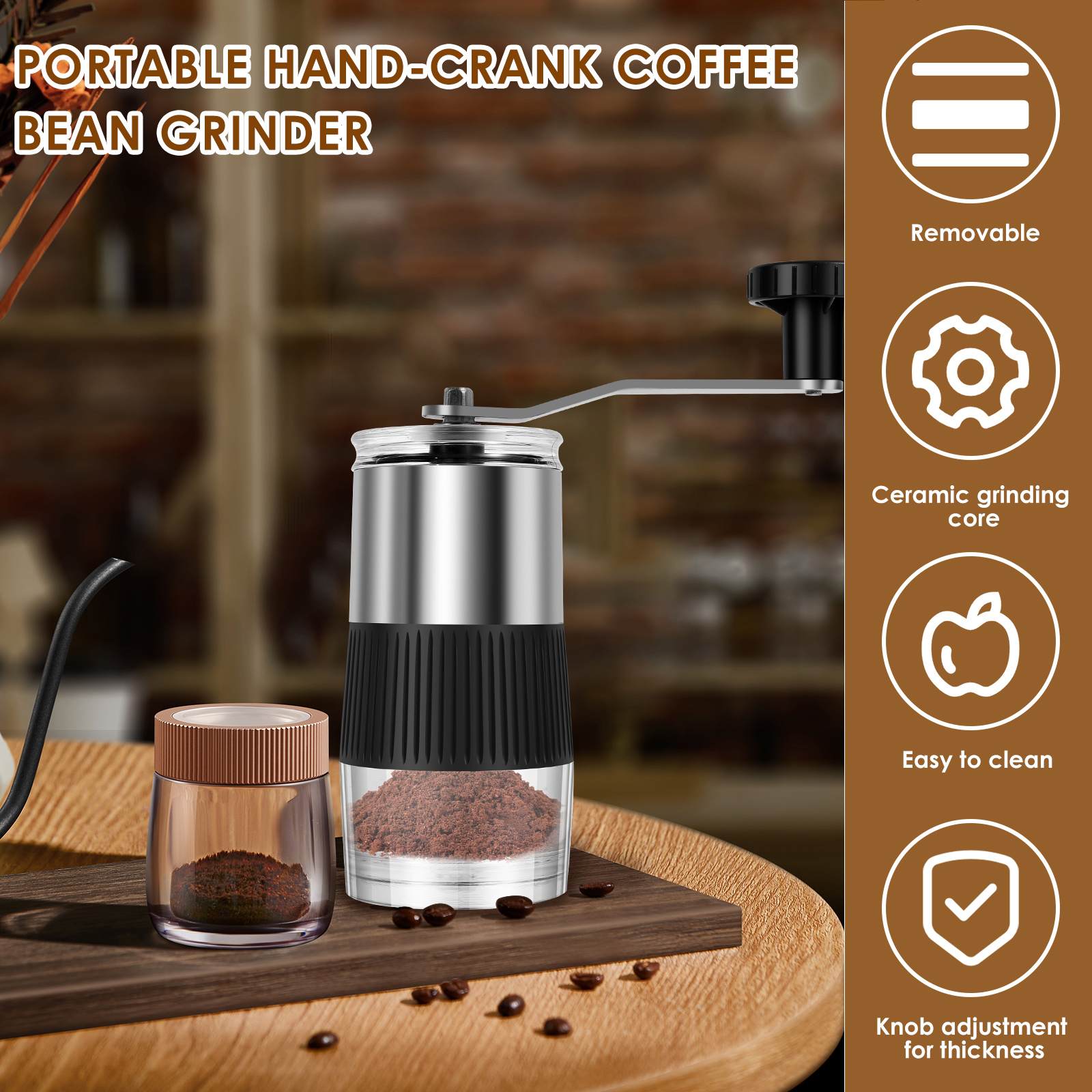 Manual Coffee Grinder Adjustable Hand Crank Coffee Bean Mill Portable Small Pill Crusher with Brush for Coffee Bean Salt Pepper