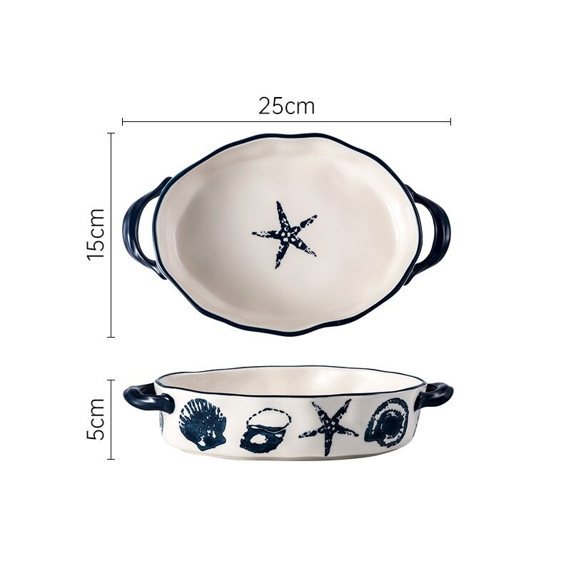 Nordic Ocean Style Ceramic Plates Set Baking Pan Household Dishes Binaural Square Round Cheese Baked Rice Bowl Retro: 9.75 inch plate