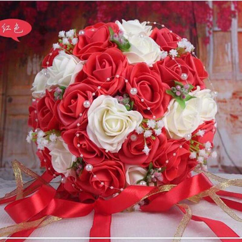 Flores decorativas hechas a mano, rosas artificiales, perlas, acentos de encaje para novia, ramos de boda con cinta