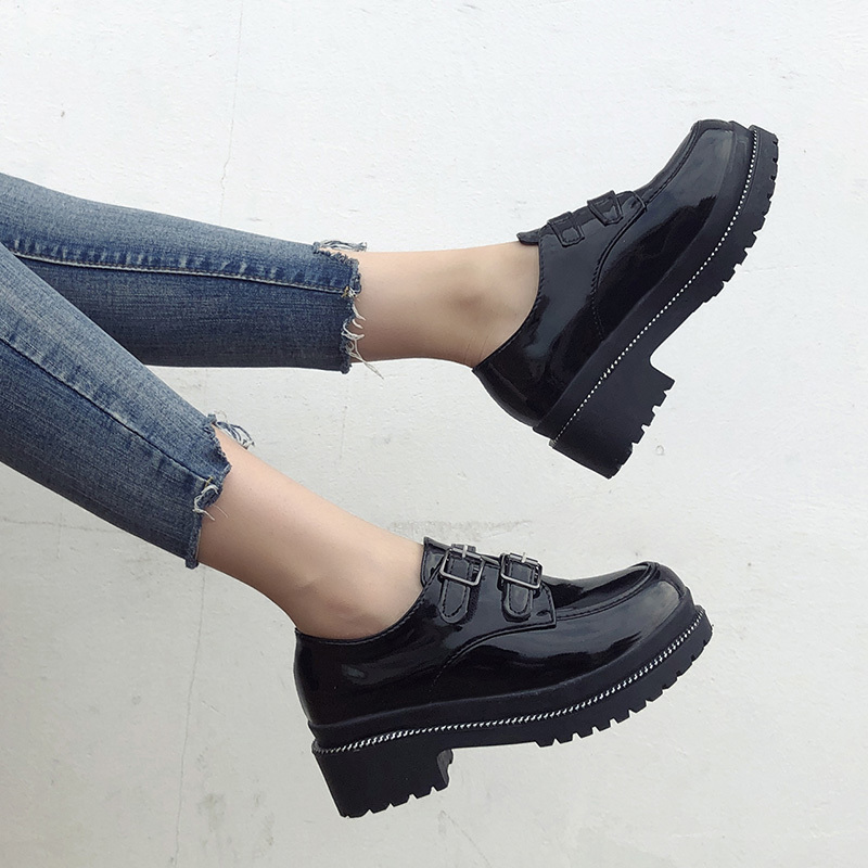Zapatos Oxford de plataforma de para mujer, zapatos de charol con gancho y bucle de Punta deslizante, mocasines cuero calado negro de