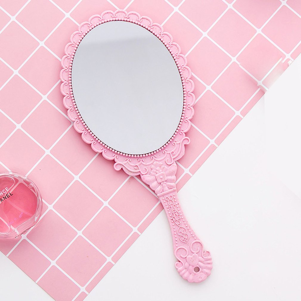 Vintage Houvast Make-Up Spiegel Roze Repousse Bloemen Ovale Ronde Cosmetische Hand Held Spiegel Met Handvat Voor Dames Beauty Dressoir
