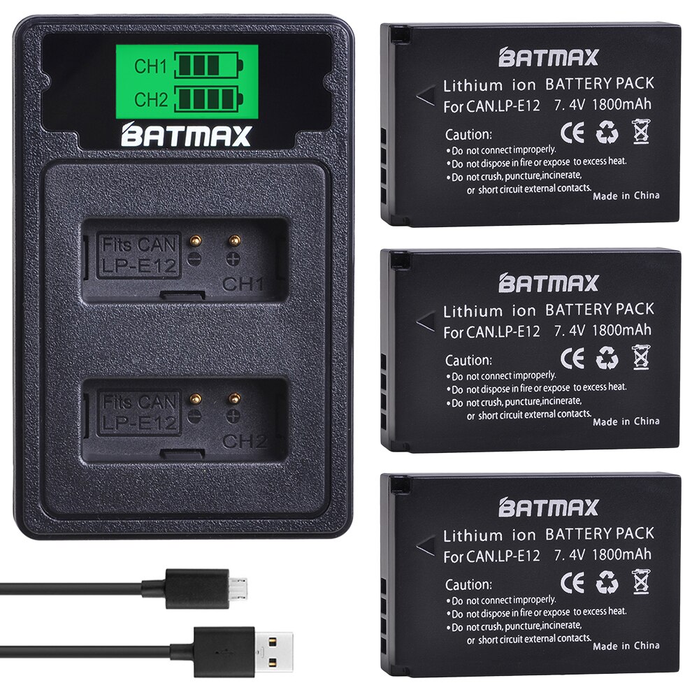 Batmax lp -e12 lpe 12 kamera batteri + lcd usb dual oplader med type c port til canon eos  m50,  eos  m100,100d kiss  x7 rebel  sl1: 3b med oplader
