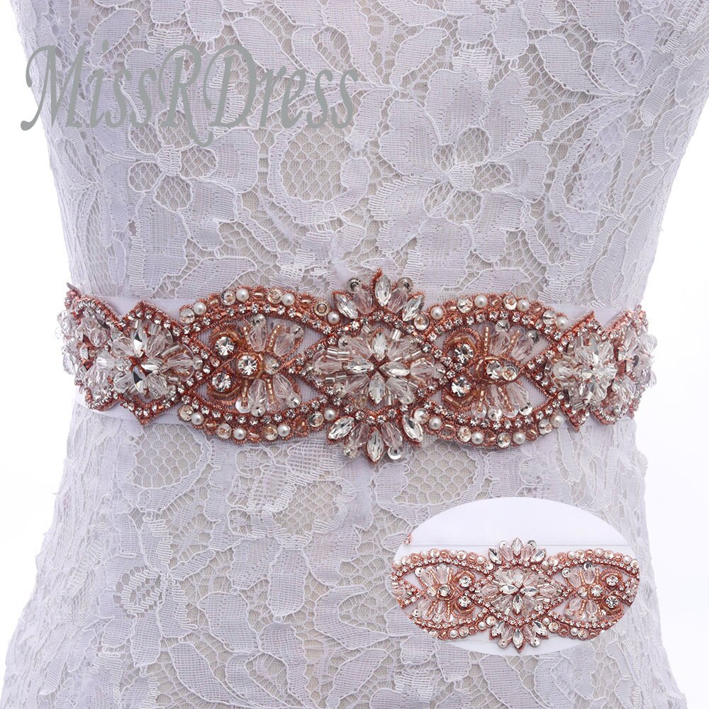 Missrdress Steentjes Wedding Riem Sash Hand Kralen Bridal Belt Rose Gold Crystal Bridal Sash Voor Wedding Party Jurken JK827