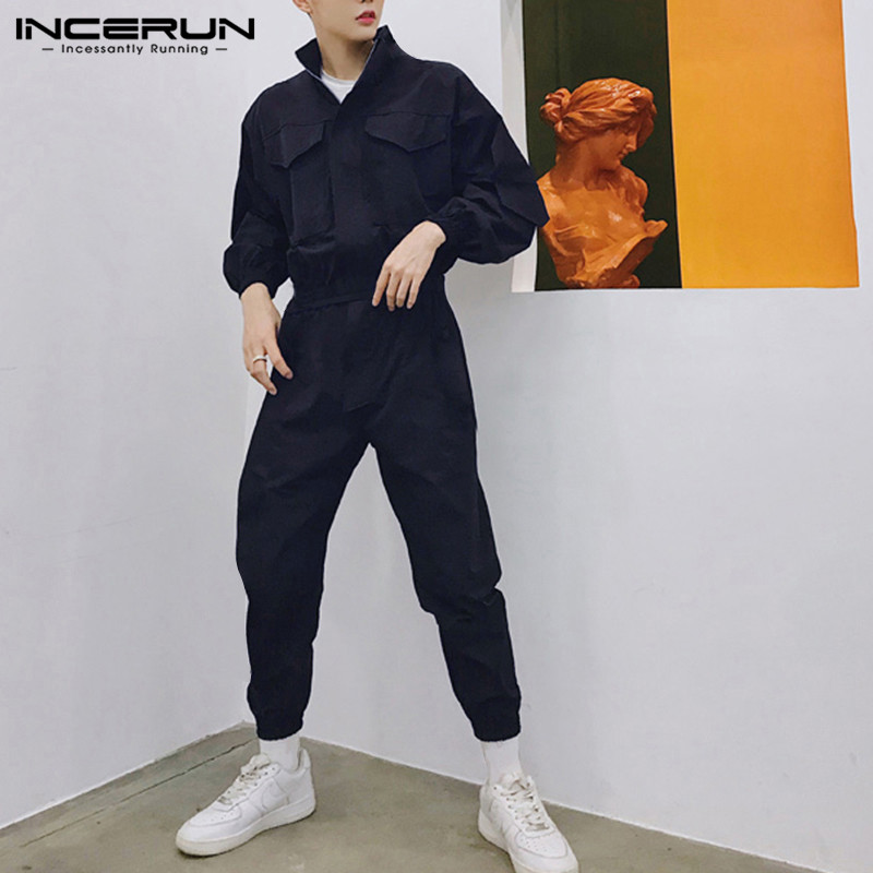 INCERUN Men Jumpsuit Joggers Long Sleeve Romper Zipper Cargo Overalls Cool Solid Streetwear Hiphop Casual Pants Men