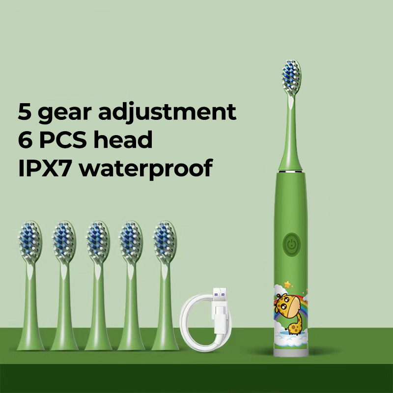Children Sonic Electric Toothbrush Colorful Cartoon For Kids Ultrasonic Soft Fur Automatic Waterproof With Replacement Heads: Gold