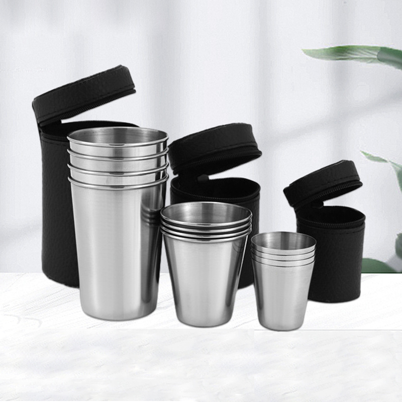 Juego de tazas de acero inoxidable para viajes prácticos al aire libre, Mini vasos para whisky, vino con estuche, vasos portátiles de 30ml/70ml/170ml, 4 Uds.