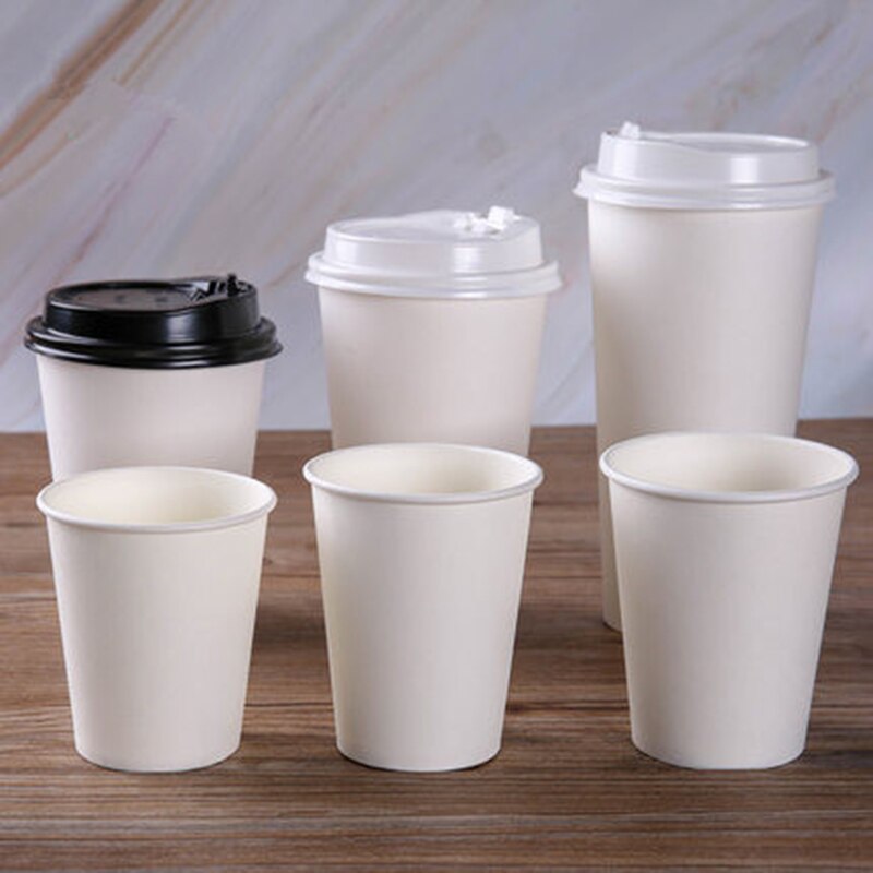 50pcs/pack White Paper Cups With Lid Disposable Coffee Cup Milk Tea Cup Household Office Drinking Accessories Party Supplies