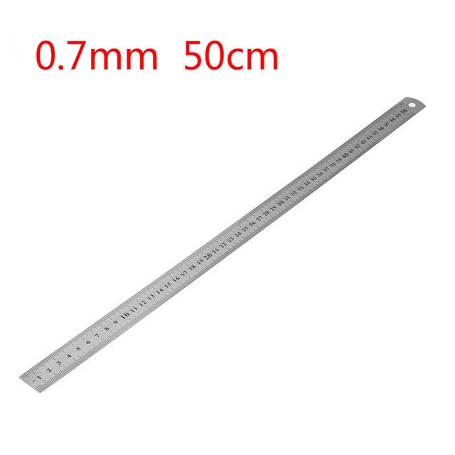 1 stk 15cm/20cm/30cm/50cm dobbeltsidet skala rustfrit stål lige lineal måleværktøj 0.7mm/0.5mm skolekontorartikler: 50cm