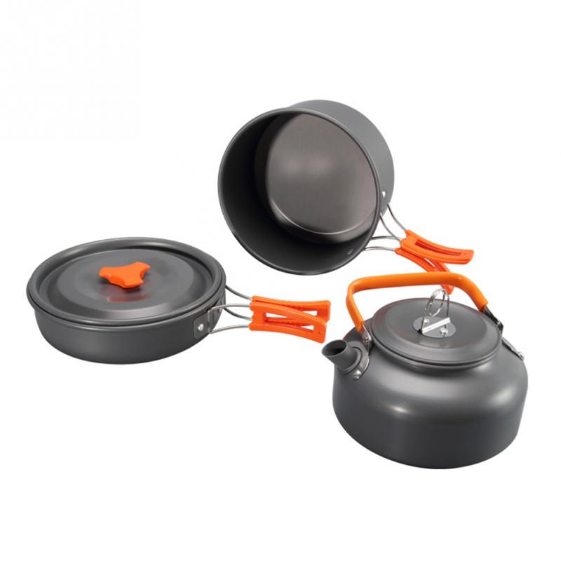 3Pcs Reizen Outdoor Camping Wandelen Cookware Set Aluminiumlegering Kit Draagbare Vouwen Non Stick Pot Pan Theepot Koekenpan