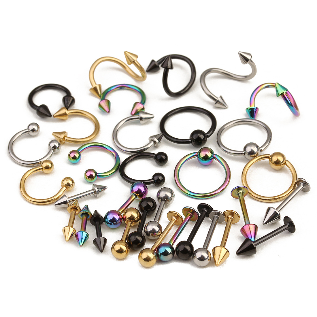 8Pcs/set Surgical Steel Eyebrow Lip Nose Hoop Nostril Ear Tongue Piercing Set Piercings Ring Body Jewelry For Women Men Ear Stud