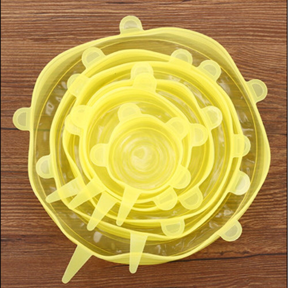 6 uds tapas elásticas de silicona tapa Universal de silicona tapa de olla de silicona tapa de cocina de alimentos cubierta fresca de microondas: Yellow