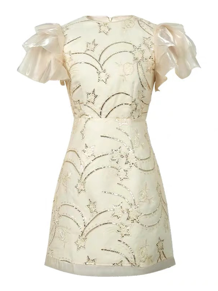 Vestido curto de lantejoulas bordado feminino babados, vestido de noite elegante, manga bolha, vestido de festa, data e banquete, moda