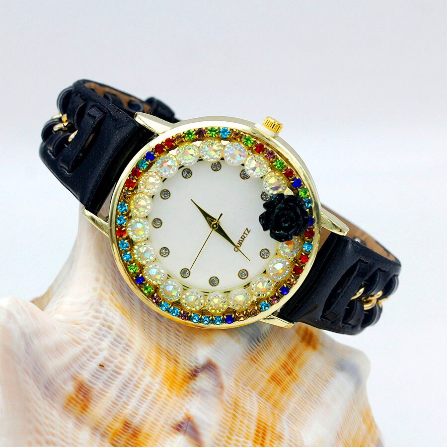 Ladies Flower Hand-knitted Wristwatch Rose Women Dress Watch Color Sparkling Rhinestone Leather Strap Clock Sweet Girl Watch: black