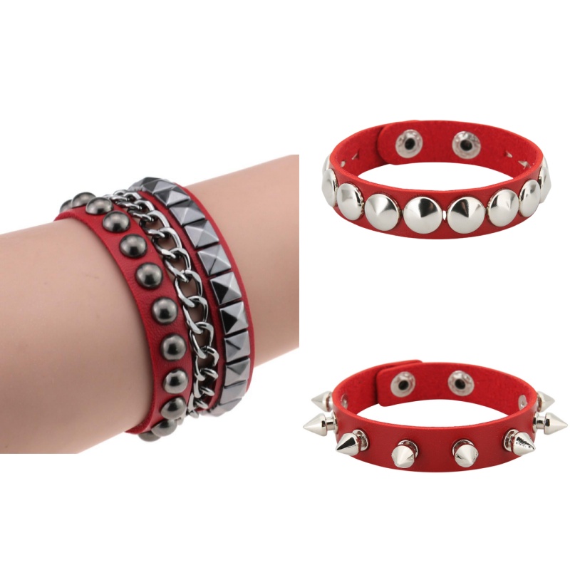 3PCS/Set Black Goth Emo Boho Bracelets For Men Women Punk Gothic Spike Rivets PU Leather Bracelet Bangles Party Jewelry: Vermeil