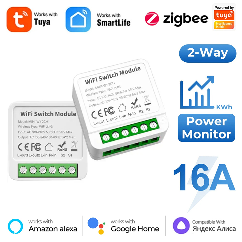 Tuya ZigBee WiFi Smart Switch Mini 16A 2-Way Control Module On Off Breaker Wireless Remote Voice Control Timer Alexa Google Home