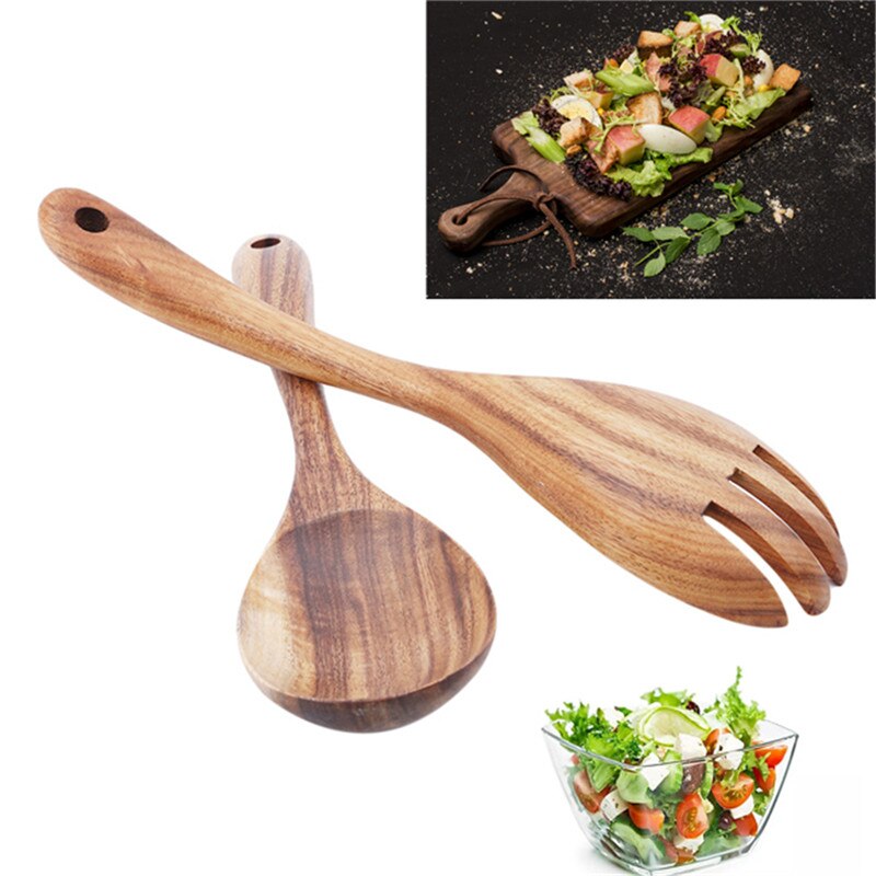Kitchen Natural Wooden Spoon Fork Large Salad Dinner Serving Spoons Server Wood Fork Spoon Cutlery Set Wooden Utensils Tableware