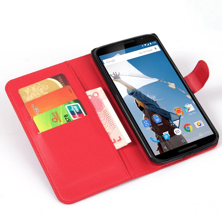 for Motorola MOTO Google Nexus 6 Case Wallet Card Stent Cases Lichee Pattern Flip Leather Cover black Case Nexus6 Google6: Red