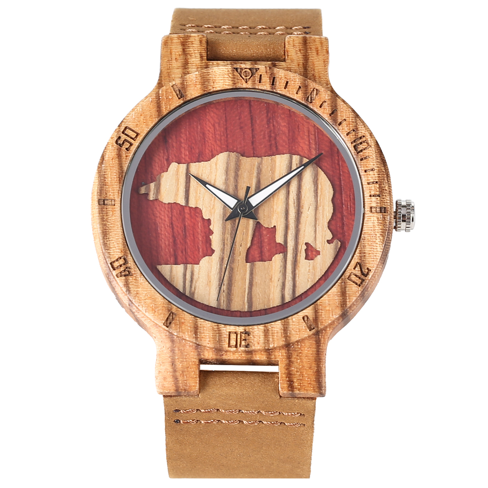 Montre classique en bois de Quartz pratique ours polaire lumineux Silhouette Unique en trois dimensions montre en bois hommes horloge: 2
