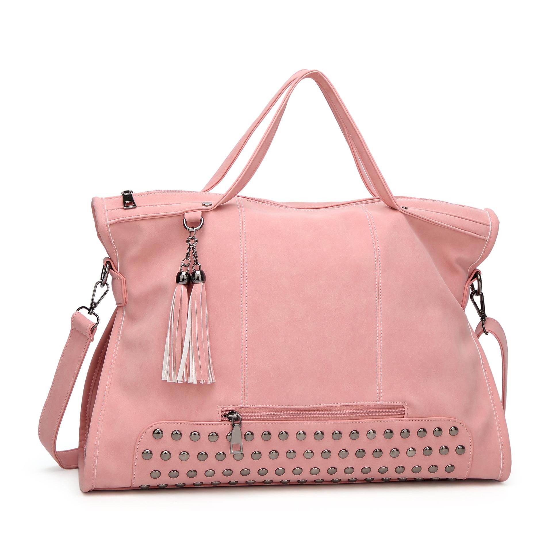 Celebrity Large Women Bag Rivet Big Capacity Soft Leather Shopper Bags Black Tote Handbags Summer Ladies Ellipse Ba: Pink