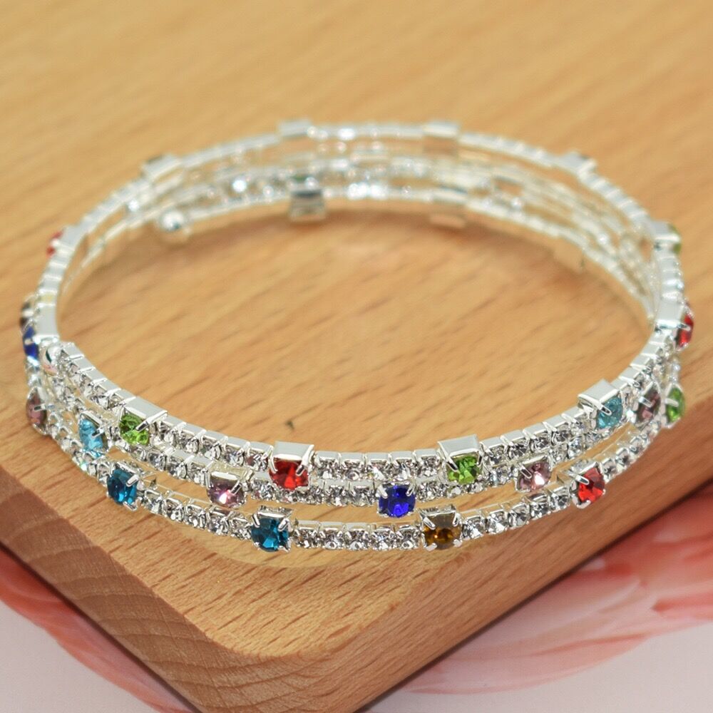 6-color Crystal Bracelet Blue, Red, White Three-row Stretch Bracelet Bride Wedding Rhinestone Bracelet Party Jewelry