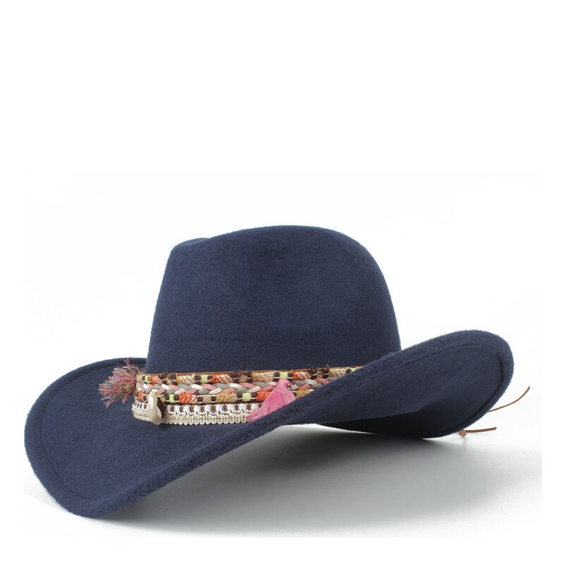 Kvinder uld hule vestlige cowboy hat dame jazz outback jazz toca sombrero cap størrelse 56-58cm: Mørkeblå