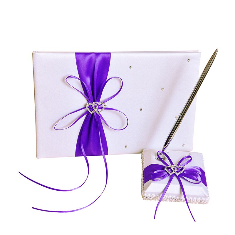 2 st/set bröllop satin signatur bok penna set strass pilbåge pärla dekor bröllopsfest produkter leverans: Lila