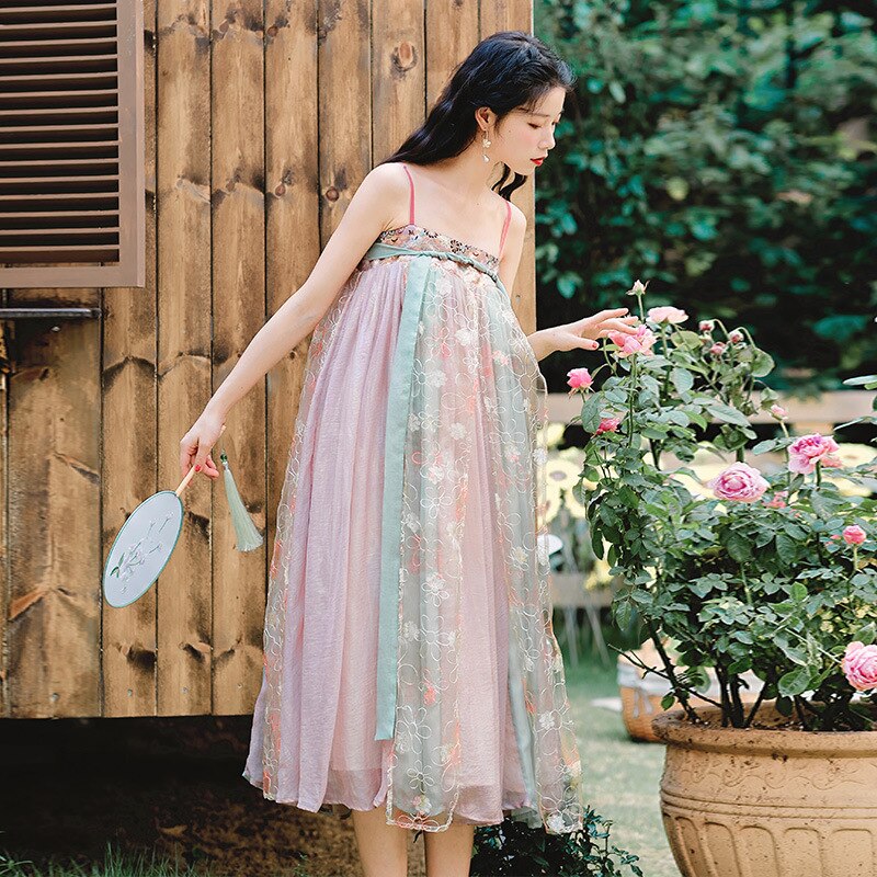 Chinese Tang Suit Hanfu Dress Chiffon Kimono Cardigan Embroidery Women Girls Short Dress Retro Fairy Vintage Ruffle Summer Set