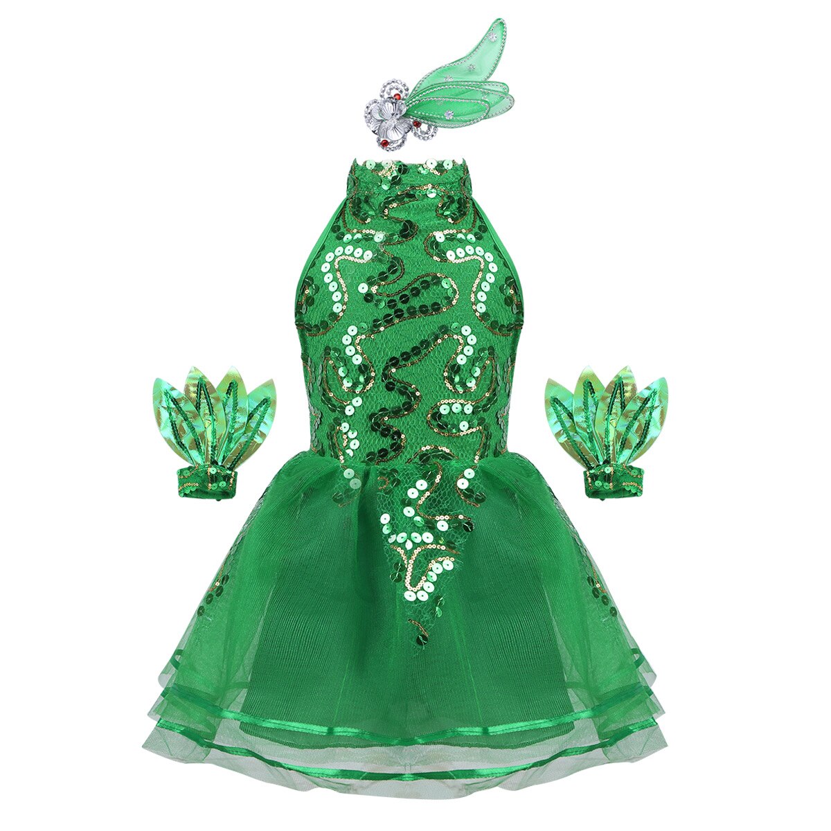 Groene meisjes glanzende, met pailletten versierde ballet tutu jurk zonder mouwen, nep-hals, kinderkostuum voor jazzdansoptredens: 100