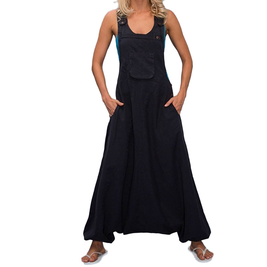 Kort løs plus size 5xl overalls kvinder u-hals ærmeløse sidelommer uden ryg afslappet baggy lange jumpsuits salopette femme#ss: Sort / M