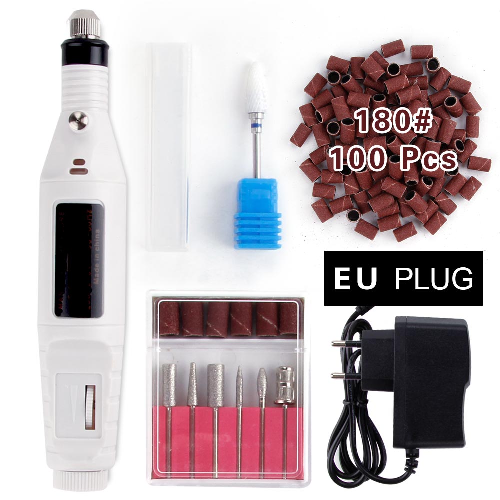 1 sæt power elektrisk manicure maskine keramisk skærer neglebor sæt fræsere pedicure apparat fil: Hvidt sæt 180