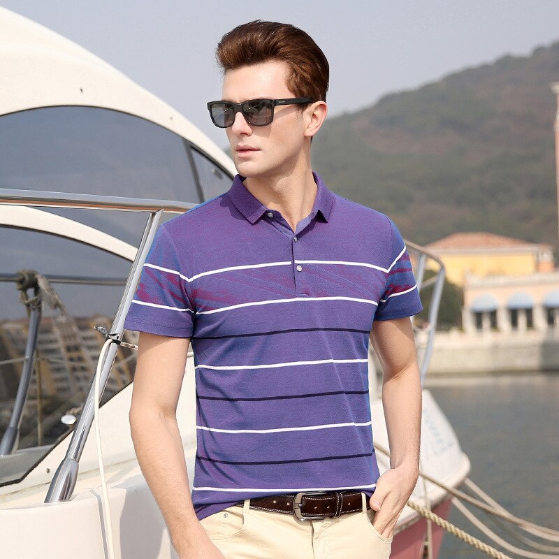 Mannen Polo Shirt Mode Zomer Business Casual Ademend Wit Gestreepte Korte Mouw Polo Shirts Mannelijke Kleren: Purple / 48