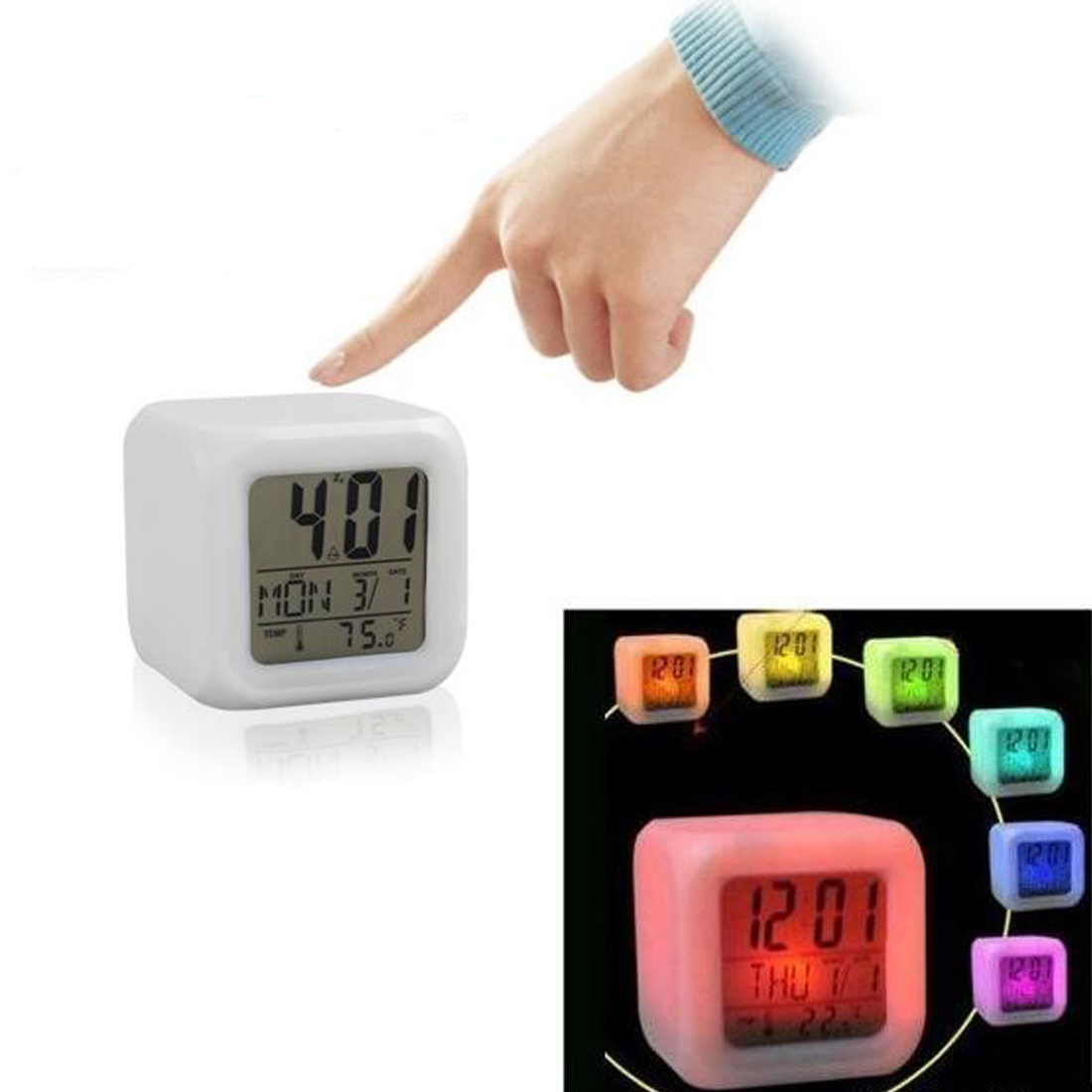 LED 7 Color Glowing Change Digital Glowing Alarm Thermometer Clock Cube
