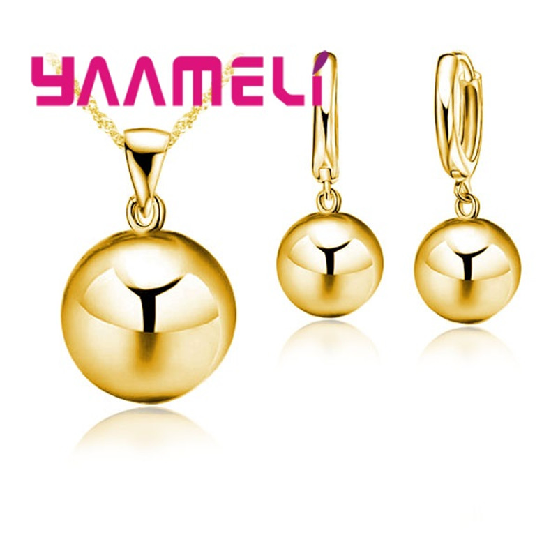 Jewelry Sets for Wedding Engagement 925 Silver Color 12MM Smooth Ball Round Metal Stone Necklaces Earrings Anniversary: Rhodium Plated