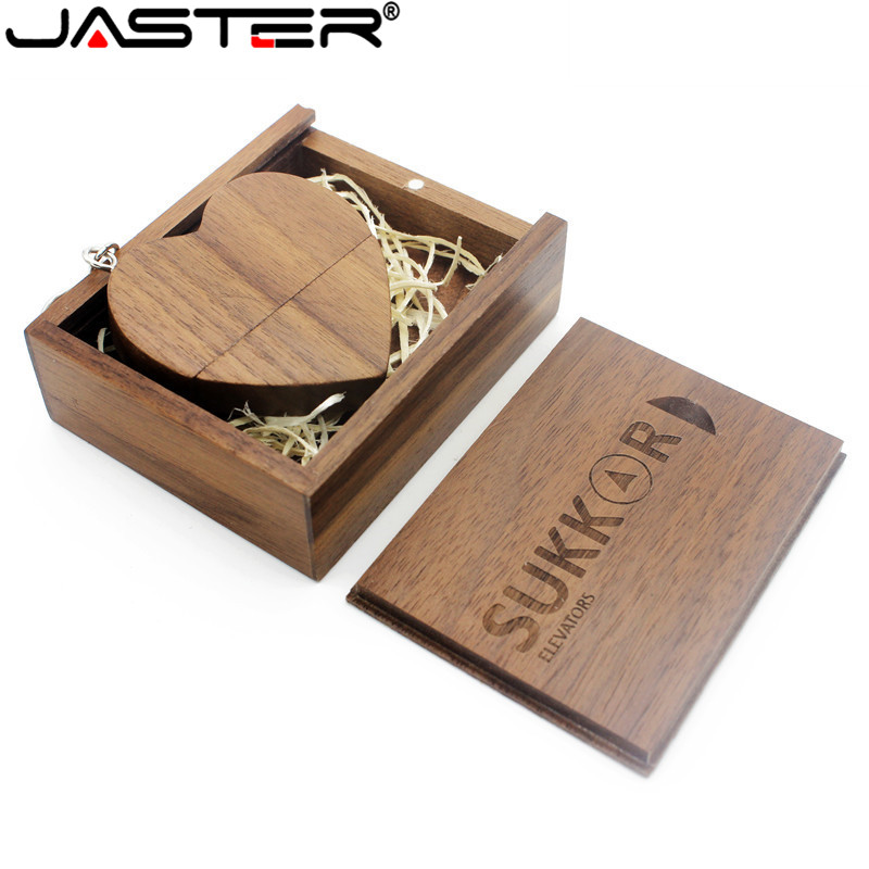 JASTER (over 10 PCS free LOGO) walnut wooden heart box USB flash drive pendrive 8GB 16GB 32GB 64GB memory stick