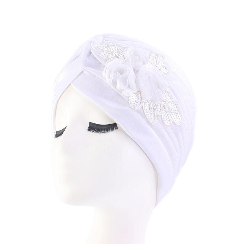 Women India Hat Women Muslim Islamic Elastic Pleated Turban Head Scarf Flower Beanie Hat Hair Loss Headwear Chemo Caps: White