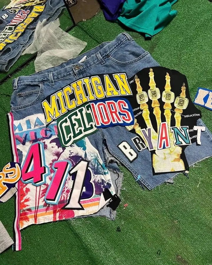 Y2K Jeans hombres mujeres Hip Hop dibujos animados gráficos ropa de calle Retro Patchwork Denim corto Retro azul suelto Denim Fitness pantalones cortos casuales: L / Azul cielo