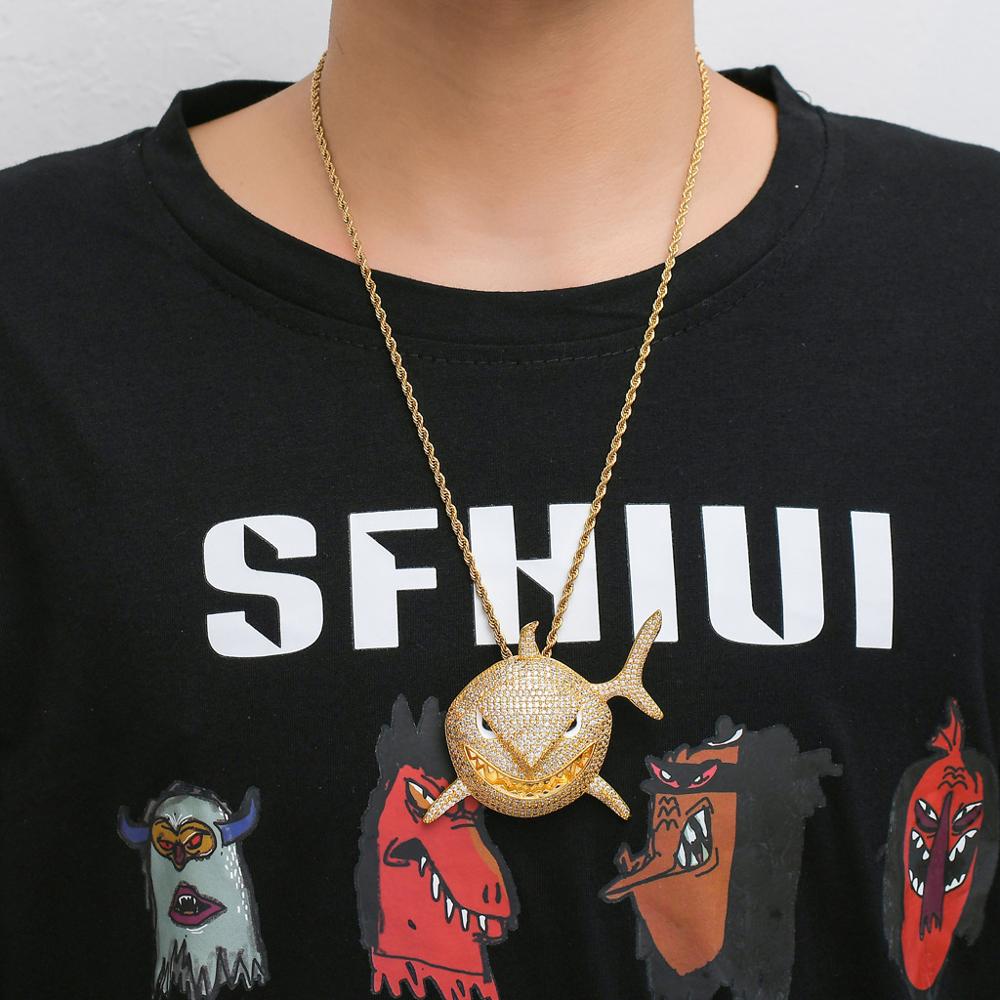 Glacé grande taille 6IX9INE requin pendentif 2 couleurs AAA Zircon collier pour hommes femmes Hip hop bijoux