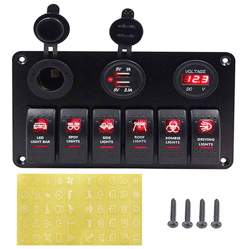 6/8 Gang interrupteur à bascule panneau pour voiture bateau RV Marine camion fusible panneaux étanche voltmètre numérique double USB chargeur Ports DC 12V: Red 6 Gang Switch