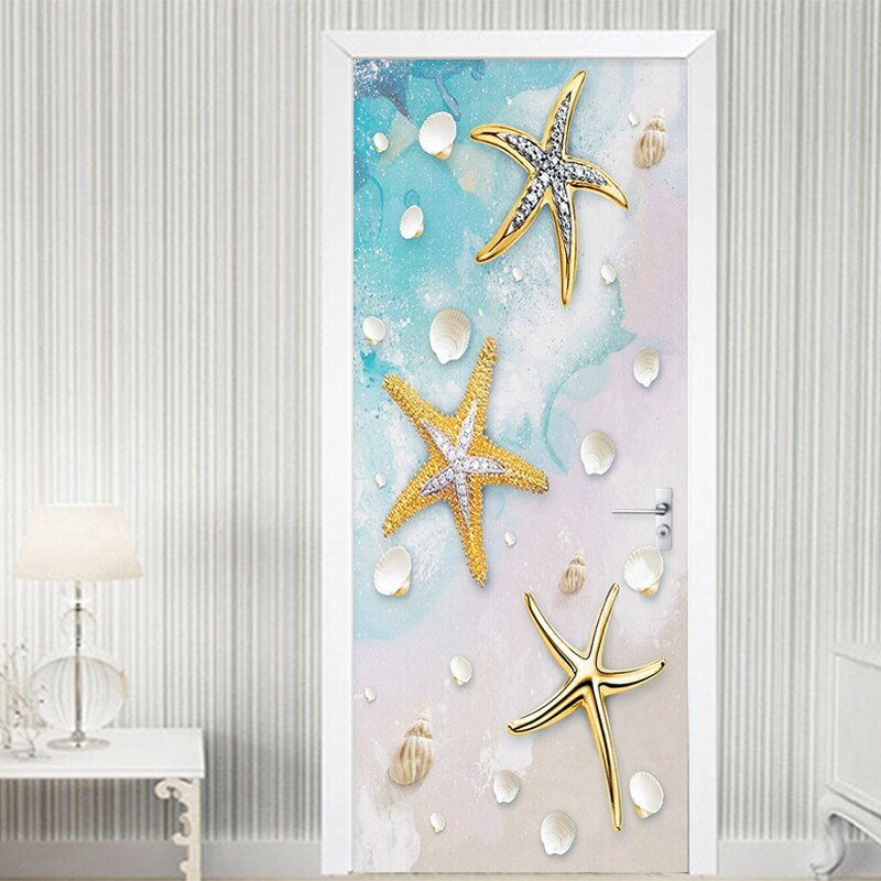 3D Wall Door Sticker Modern Blue Mediterranean Golden Starfish Shell Vinyl Door Murals Bathroom Kids Bedroom Self-Adhesive Decal