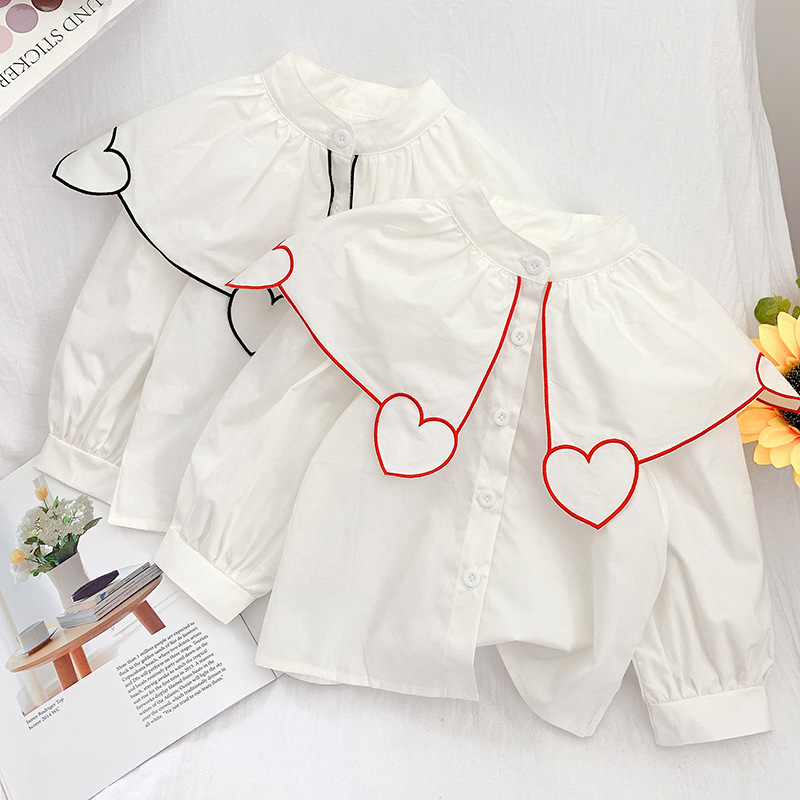 Blusa blanca con bordado de corazón para niños, ropa básica ancha con cuello vuelto, 2 años
