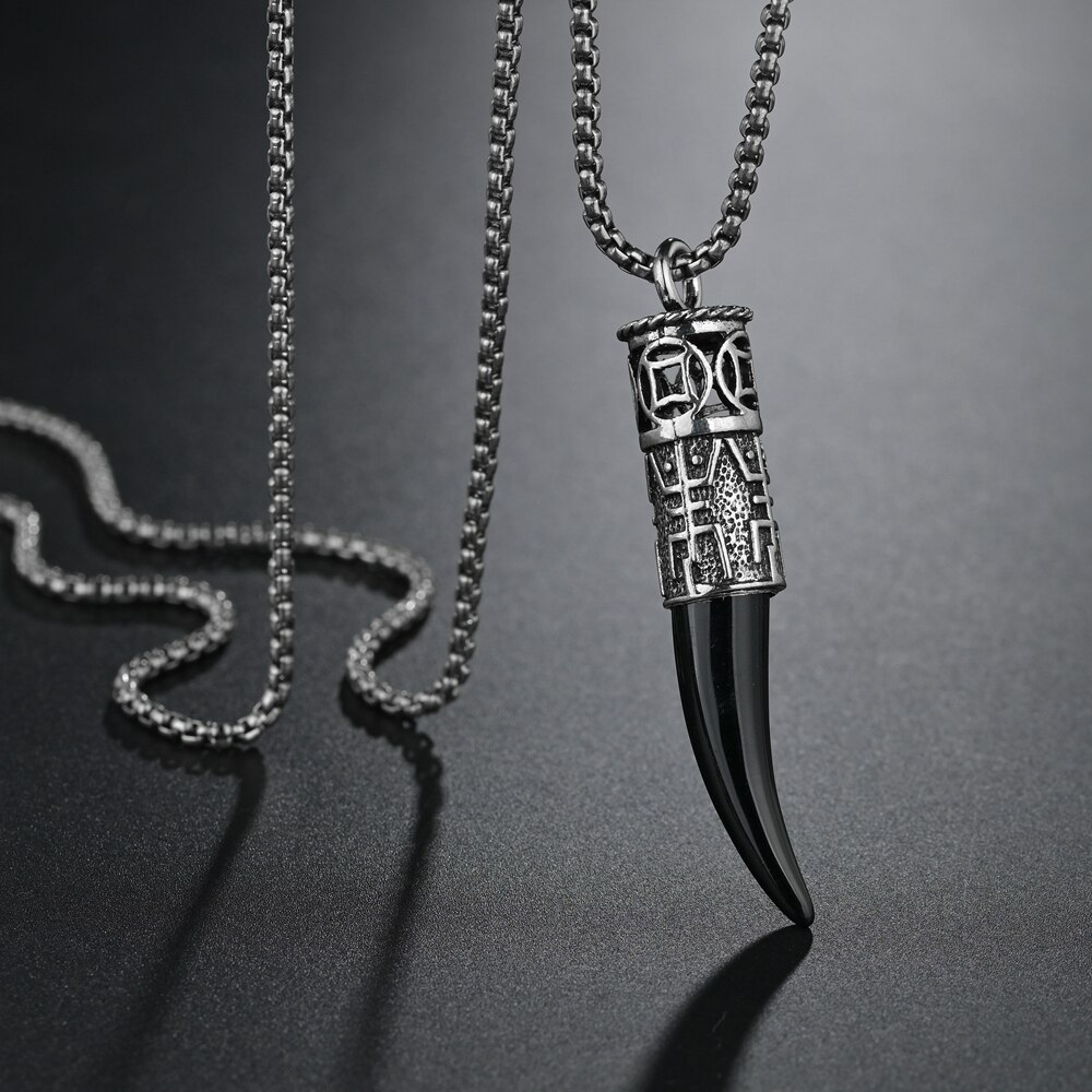 Vintage Pendant Necklace Punk Men Cool Natural Black Ox Horn Wolf Tooth Necklaces for Women Hip Hop Jewelry: Default Title