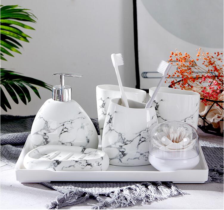Marmer patroon bruiloft badkamer accessoires 5 delige set badkamer set zeepdispenser/tandenborstelhouder/cup/zeepbakje bad: A