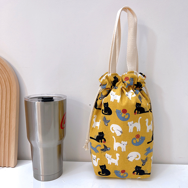 Draagbare Canvas Isolator Hoes Tas Thermoszak Cartoon Foto 'S Sluiting Trekkoord Opbergtas Vacuüm Cup Set: Licht Geel