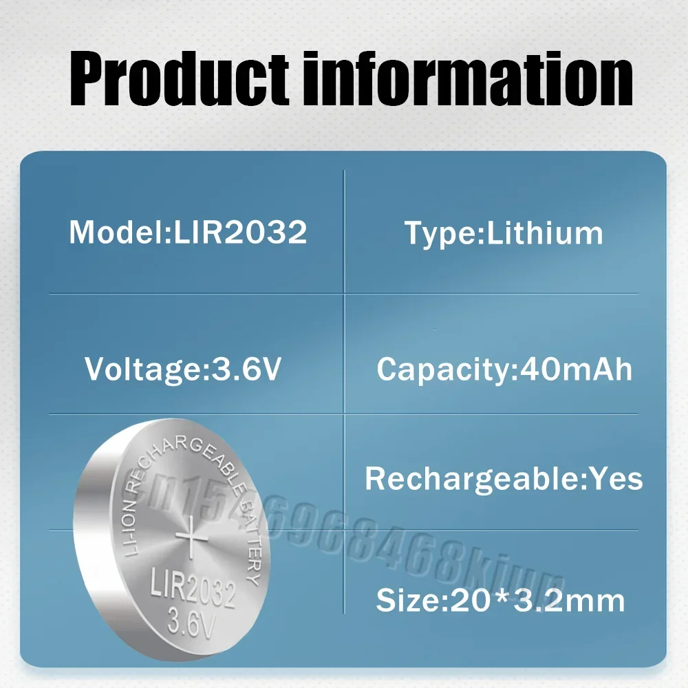 3.6V LIR2032 ML2032 CR2032 2032 Lithium Rechargeable Battery With Charger Adapter For Watch Computer Toys Calculator Button Cell