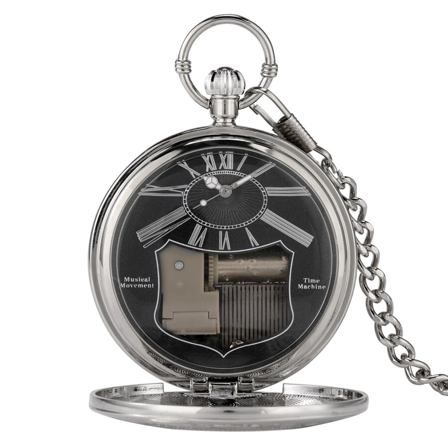 Reloj de bolsillo con movimiento Musical de plata de lujo, pulsera de mano de cuarzo con manivela para reproducir música, Fob, cadena colgante, de Año