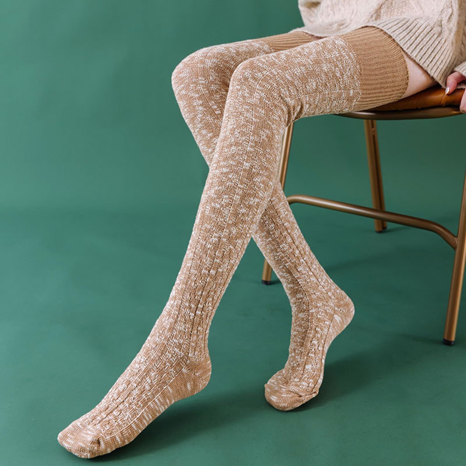 Chaussettes femme imprimé Chaussette chaude dames genouillères pour fille coton couleur unie chaussettes Calzini Donna Long Meias mignon: Kaki